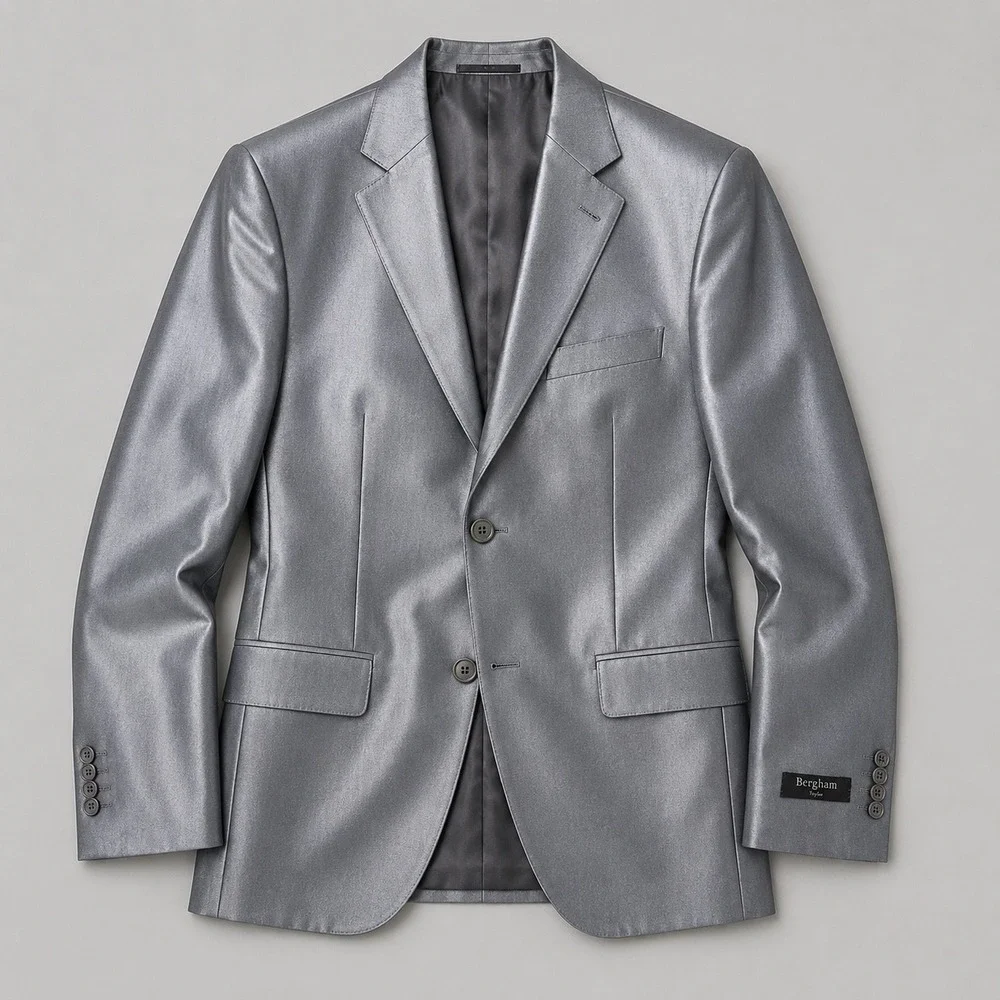 Bergham Taylor Made in Italy Metallic Silver Suit Set Blazer & Dress Slacks  NWT